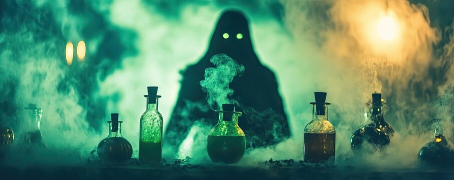 Mysterious figure with glowing eyes surrounded by potion bottles in a foggy, eerie setting perfect for fantasy and horror themes.