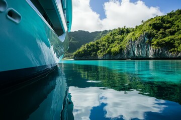 Fototapeta premium A sleek, luxury yacht floats on crystal-clear waters of an exotic island, reflecting lush green hills and blue skies, capturing a peaceful, elite travel experience.