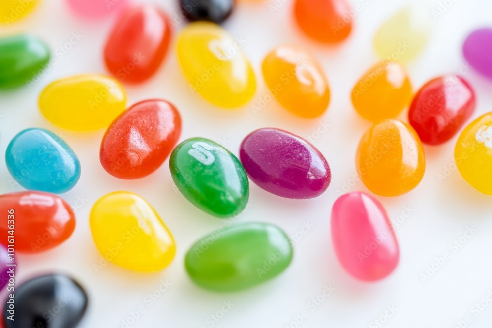 Poster a vivid display of assorted colorful jelly beans spread across a white surface. the candies represen