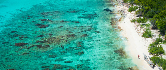 Top view of Catalina beach and one people walk alone, crystal clear sea and beautiful sandy beach,Tropical beach,Caribbean sea.Catalina island.Dominican Republic.summer concept.
