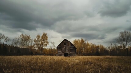 Fototapeta premium An old barn amidst an open field under a brooding sky, surrounded by sparse trees, capturing the essence of isolation and nostalgia.
