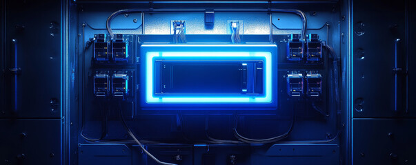 Fototapeta premium Electric blue consumer unit with neon wiring glowing against dark background, showcasing modern electrical design and technology. vibrant colors create striking visual impact