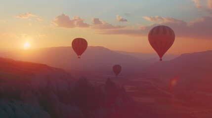 Fototapeta premium The journey of a hot air balloon silhouetted against a breathtaking sunrise sky, evoking a sense of peaceful adventure.
