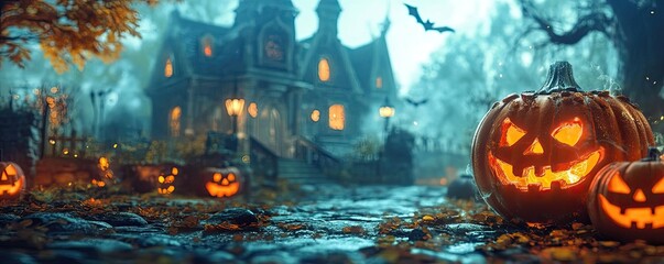 A spooky Halloween scene featuring glowing pumpkins in front of an eerie mansion, surrounded by fog and bats, perfect for autumn themes.