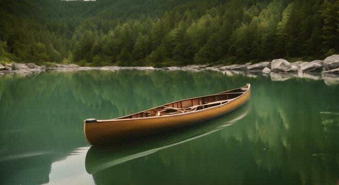 Canoe Floating in a Secluded Mountain River