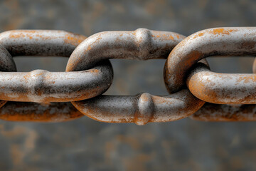 Close-up of rusted metal chain links with a weathered texture, showing signs of corrosion and age, against a blurred background.