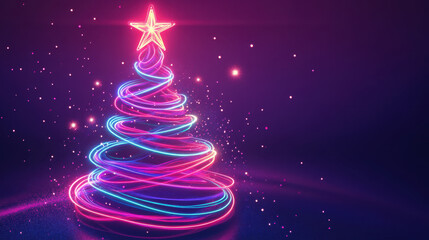 Neon lights swirl forming spiraling christmas tree with glowing star on vibrant night background