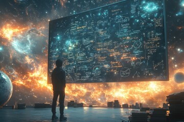A man stands in front of a large screen that is filled with equations