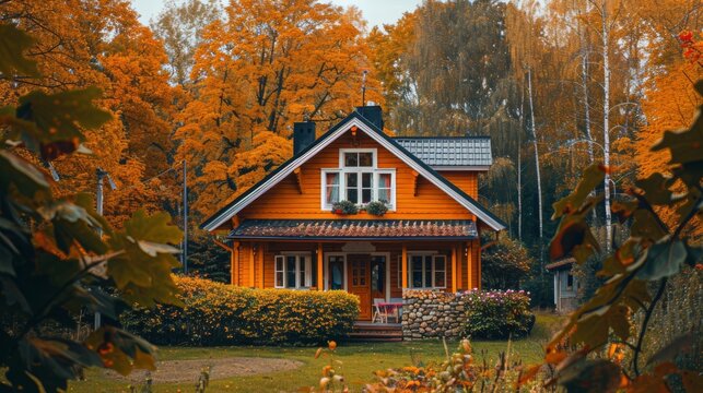 Cozy autumn scene of a bright orange cottage nestled among golden trees, evoking warmth and nostalgia in a serene rural retreat.