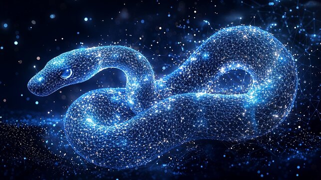 In a cosmic realm of stars, a bright digital snake made of intricate patterns elegantly weaves through space, representing a fusion of art and technology.