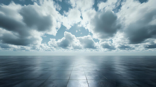 3D Render of Blue Tile Floor with Cloudy Sky Reflection
