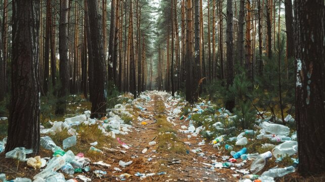 A forest path overwhelmed by plastic waste highlights the growing environmental crisis and the urgent need for conservation efforts. - Powered by Adobe