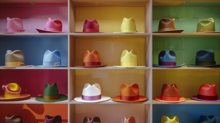 Vibrant and colorful display of various hats neatly organized on a multicolored shelf showcases style and diversity.