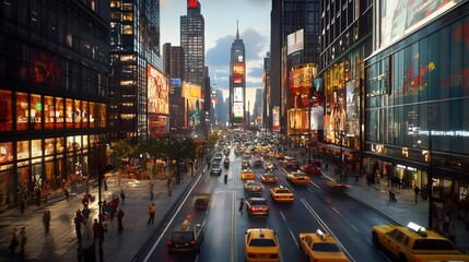 Fototapeta premium Bustling city scene with traffic and bright advertisements.