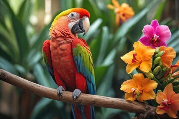 Obraz premium Parrot on a Branch Surrounded by Exotic Flowers
