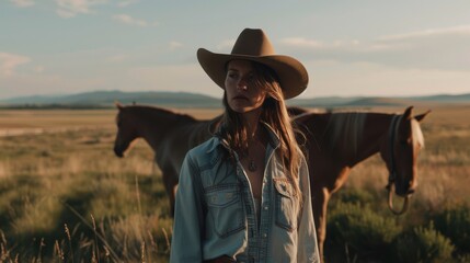 A woman in a cowboy hat stands confidently in an open field with horses, embodying the spirit of the Wild West and the freedom of the frontier lifestyle.
