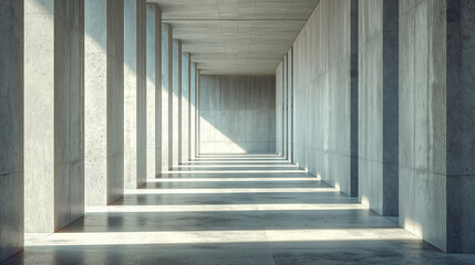 Fototapeta premium Bright Modern Concrete Hallway with Sunlight and Strong Shadows. Abstract background. Generative AI