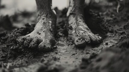 Fototapeta premium Mud-covered feet are firmly planted in the earth, suggesting resilience and a deep connection to nature's raw, untamed elements.