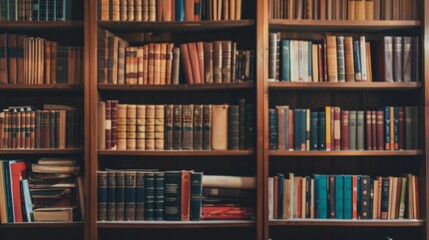 Rows of books line wooden shelves, capturing the charm and wisdom of a classic library setting.