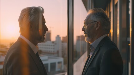 Reflective urban businessman gazing out of a high-rise window at sunset, framed by warm, golden tones.