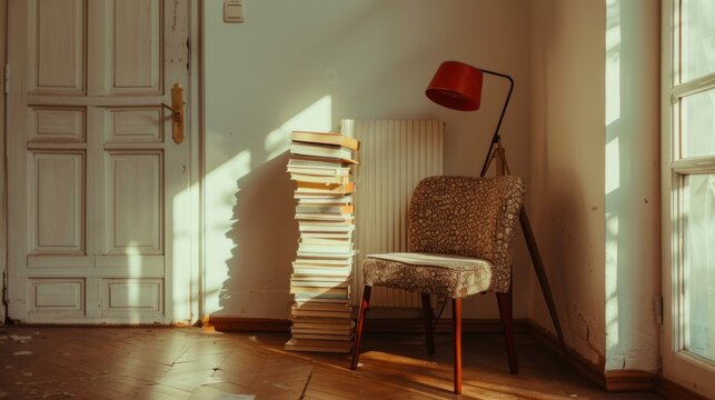 Sunlit reading nook with a cozy chair, a tall stack of books, and a red lamp casting warm, inviting light in a tranquil corner.