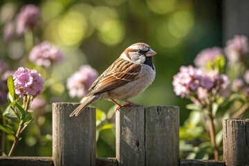 Sparrow Perched on a Garden Fence Post