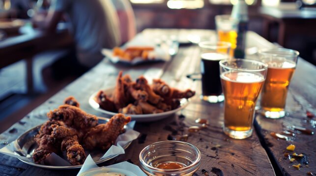 A laid-back spread of chicken wings and beers enhances the rustic charm of a casual dining experience with friends.