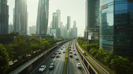 Obraz premium A bustling urban highway surrounded by towering skyscrapers and lush greenery under a bright sky, showcasing vibrant city life.