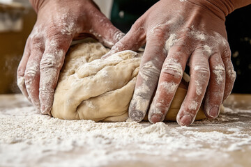 Close-up of hands kneading dough on a floured surface in a kitchen, emphasizing the textures of the dough and the flour-covered hands.