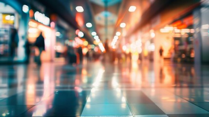 A vibrant shopping mall corridor features blurred shoppers and colorful lights, conveying energy and the hustle of modern consumerism.