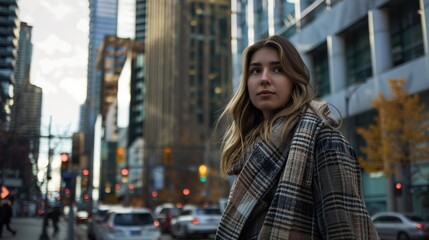 Fototapeta premium Amidst skyscrapers, a young woman in a plaid scarf stares thoughtfully, blending modern city life with personal contemplation.