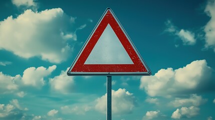 A red triangular warning sign against a bright blue sky filled with clouds, indicating caution for drivers.
