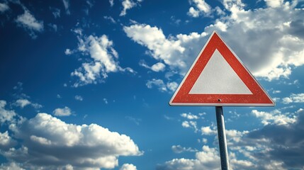 A triangular warning sign against a backdrop of blue sky and clouds, indicating a cautionary message for drivers or pedestrians.