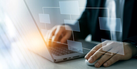 Digital technology of business process and workflow automation with flowchart and processing...