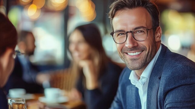Confident Businessman Engaging with Clients in Café