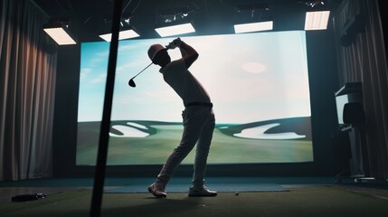 A golfer captured mid-swing indoors, silhouetted against a large virtual golf course screen, conveying focus and passion.