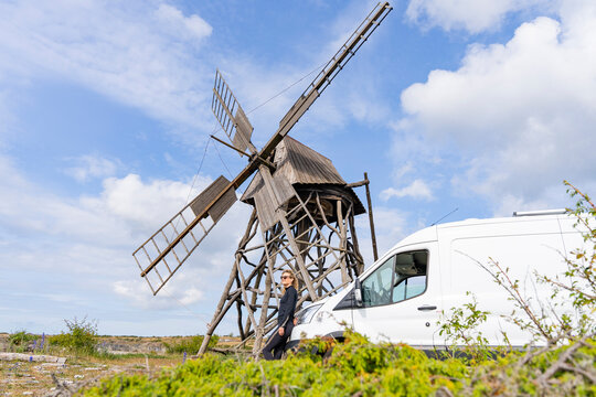 Road trip in Oland, Sweden with a motorhome and historic windmill