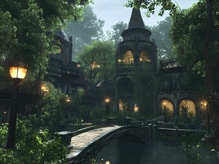 Enchanted garden with stone structures and lush greenery.