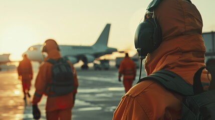 Workers in orange uniforms navigate the airstrip, silhouetted against a sunset, symbolizing teamwork and resilience.