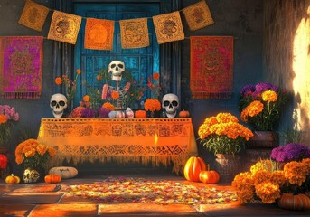 Vibrant Day of the Dead altar featuring colorful flowers, skulls, and decorations symbolizing life and remembrance.