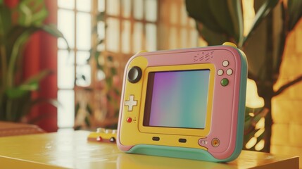 A compact, colorful retro-style gaming device sits on a yellow table, illuminated by warm,...