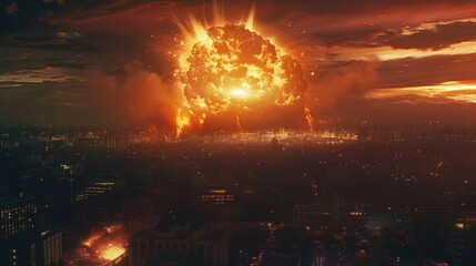 A Massive Explosion Over a City at Night