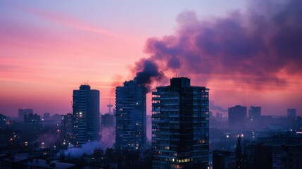 Fototapeta premium Smoke rises against a city at dawn, painting a dramatic silhouette amidst evolving cityscapes under an ethereal pink and blue sky.