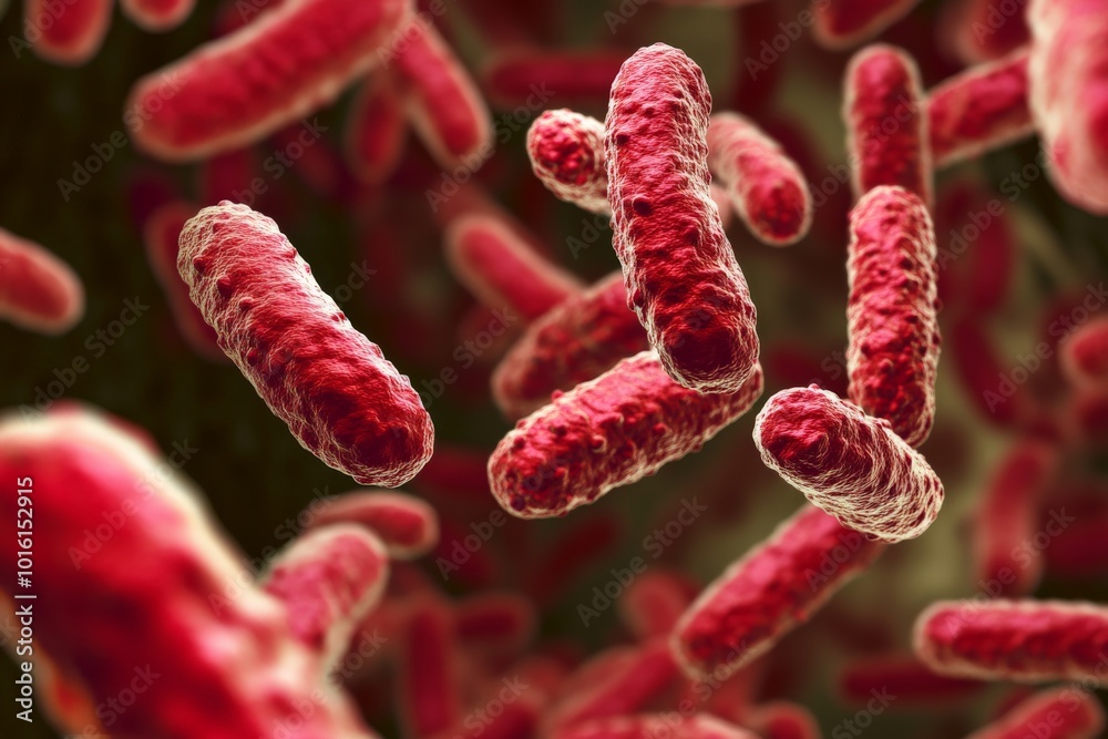 Fototapete an extraordinary microscopic close-up image of vibrant red bacteria in focus, highlighting the intri