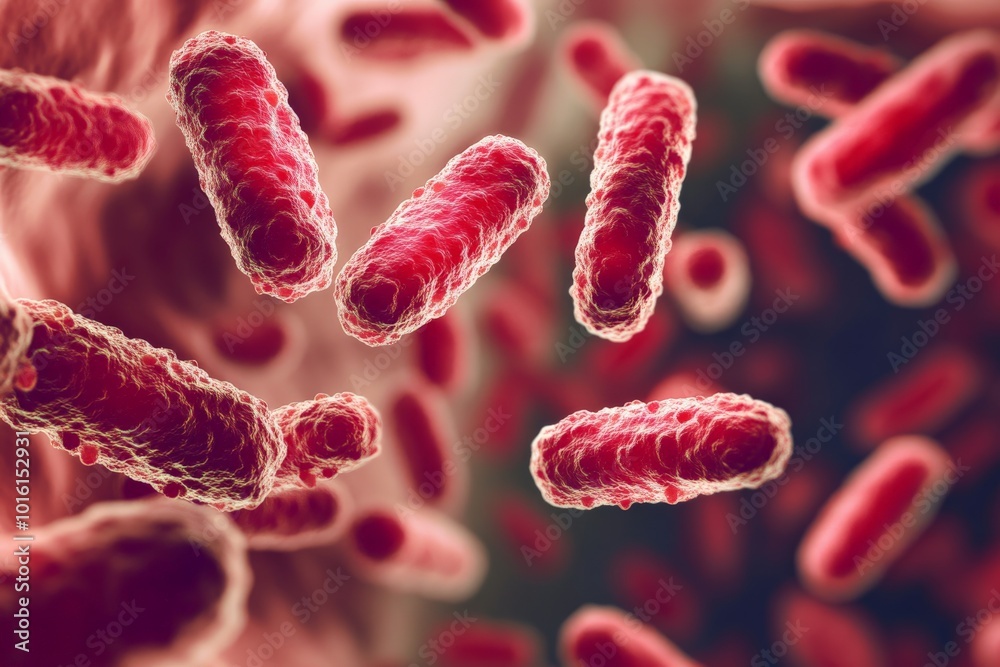 Aufkleber Capture of red bacterial organisms in a detailed microscopic view demonstrates their motion and vivid texture, providing insight into their biological processes.