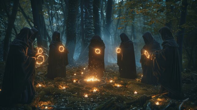 Hooded figures encircle a glowing ritual in a mystical forest, the darkness lit by the eerie flames, creating an atmosphere of ancient mystery and enchantment.