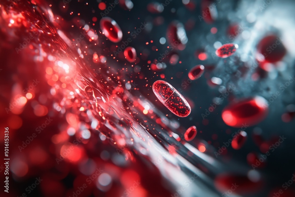 Poster captured in stunning detail, vibrant red blood cells flow dynamically in a dark, abstract environmen