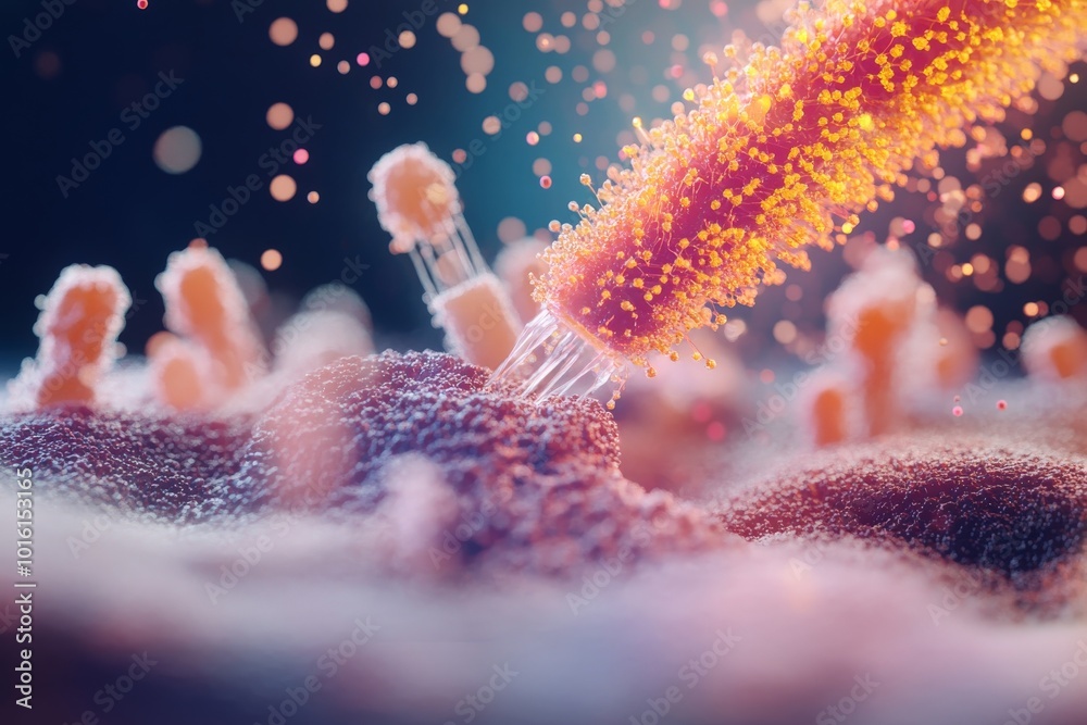 Poster A vibrant, detailed artistic depiction of bacteria interacting with cells, showcasing the dynamic balance and complexity of biological processes in a microscopic environment.