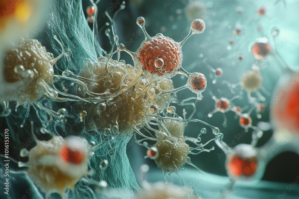 Poster A visually captivating exploration of virus structures, showcasing intricate details and dynamic connections, reminiscent of biological science and innovation breakthroughs.
