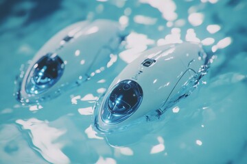This image portrays sleek white aquatic drones navigating through turquoise waters, exhibiting advanced design and technology in a serene underwater environment.